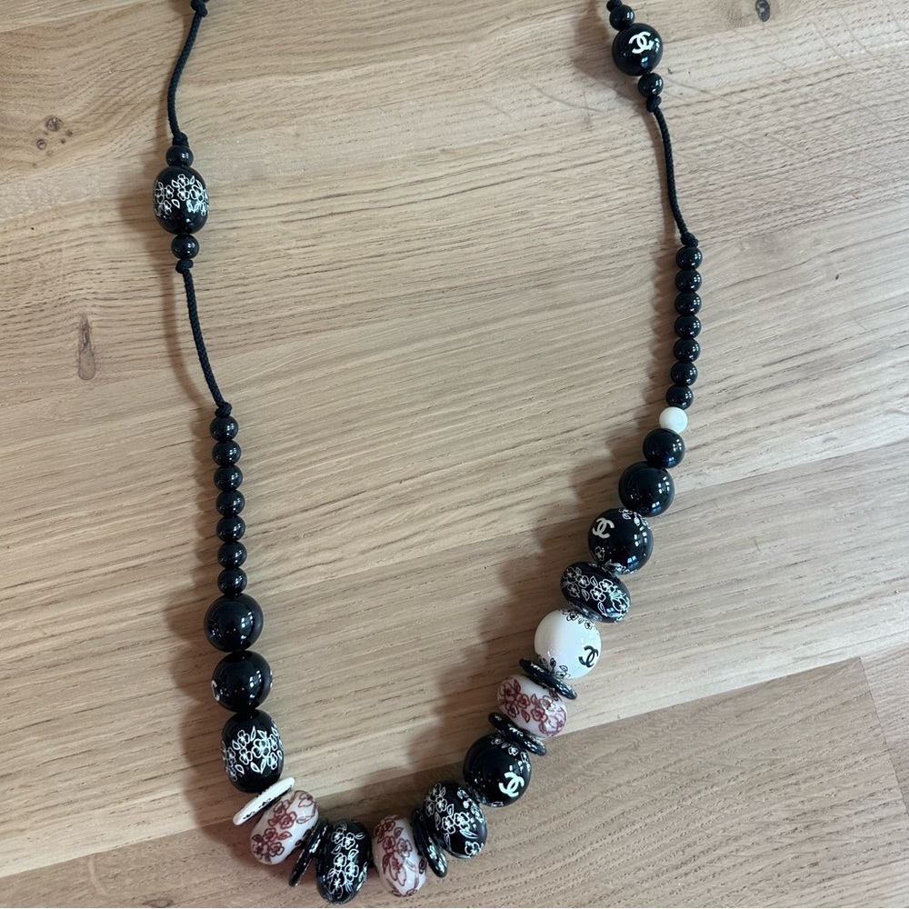 Chanel CC Logo Resin Wood Wooden Black White Brown Bead Necklace